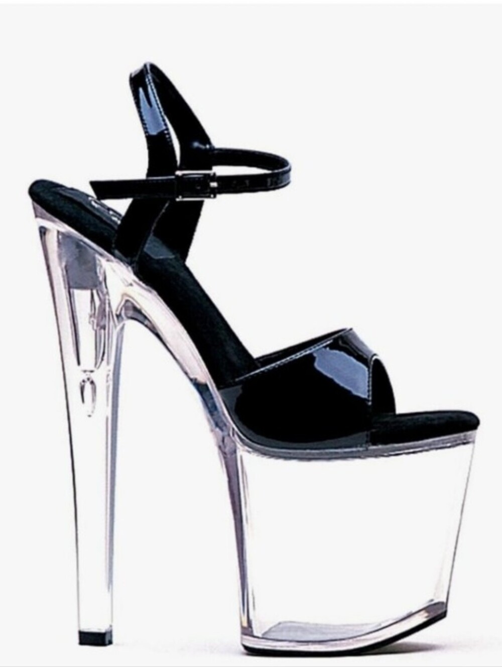 Ellie Juliet Black Patent 7" Clear Heel Platform Stripper Dancer Sandals, Sz 5
